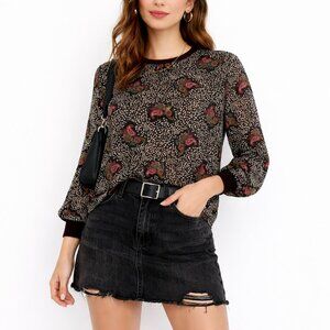 See U Soon European Black Floral Paisley Blouse XS Sheer Sleeves Lined Boho Top